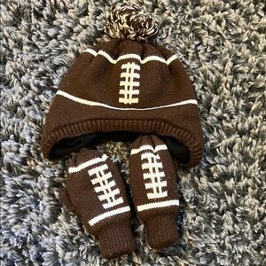 Brown Football Knit Hat and Mittens Set